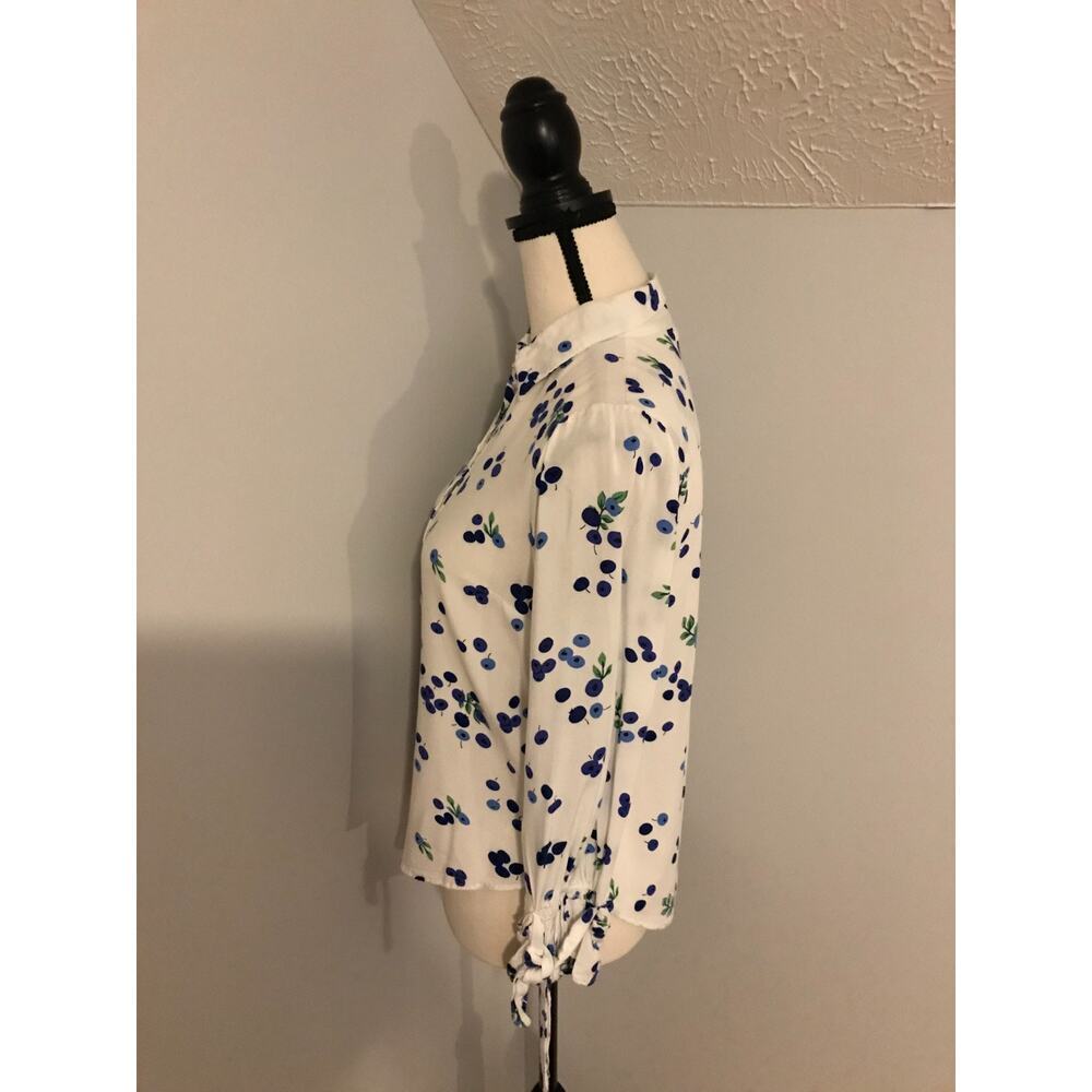 Anthropologie Maeve Blithe Blueberry Tie Sleeve Button Front Blouse White Blue 0 - Picture 3 of 12
